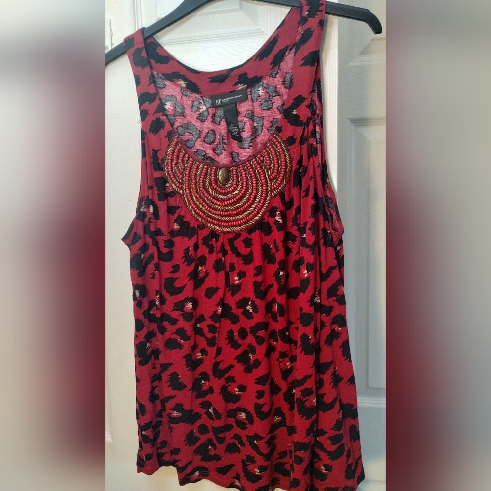 Red/Black Cheetah Print Tank Top With Beaded Detailing Neckline
